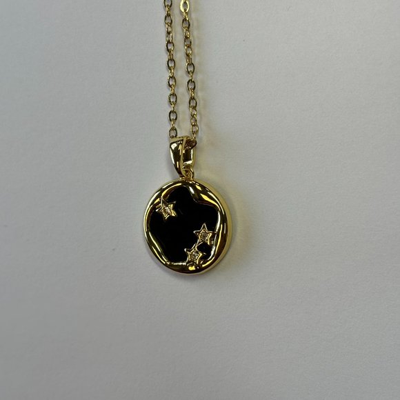 Gold Round Black Jade Three Stars Pendant Necklace - Picture 14 of 14